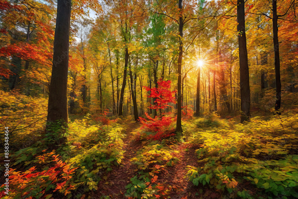 Obraz premium Autumn forest landscape, orange golden foliage, fall wallpaper