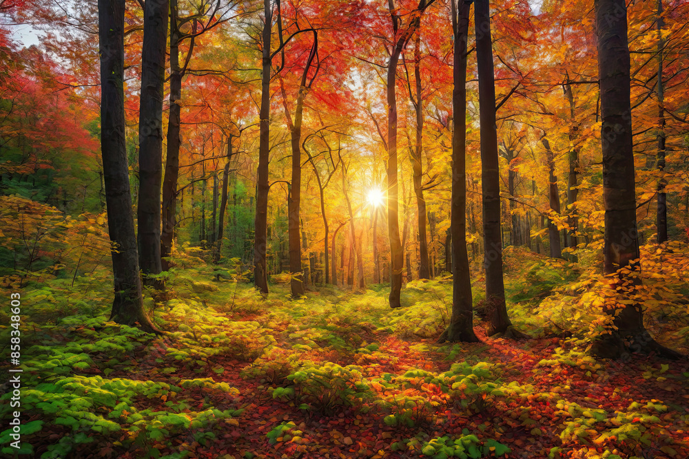 Fototapeta premium Autumn forest landscape, orange golden foliage, fall wallpaper