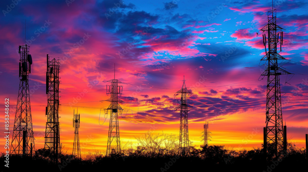 Radio towers stand tall against a vibrant sunset, their silhouettes forming a striking contrast against the colorful sky. Radio towers stand tall against a vibrant sunset, their silhouettes forming a striking contrast against the colorful sky.