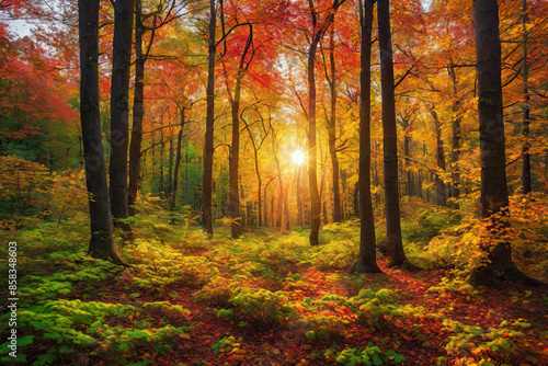 Autumn forest landscape, orange golden foliage, fall wallpaper