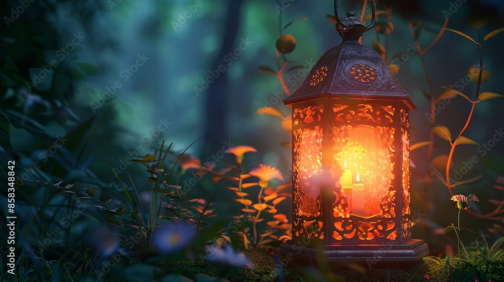 Glowing Lantern in Enchanted Forest at Night Glowing Lantern in Enchanted Forest at Night