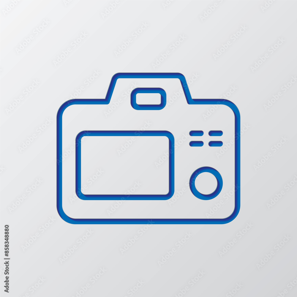 Camera simple icon vector. Flat design. Paper cut design. Cutted blue symbol with shadow. Gray background Camera simple icon vector. Flat design. Paper cut design. Cutted blue symbol with shadow. Gray background