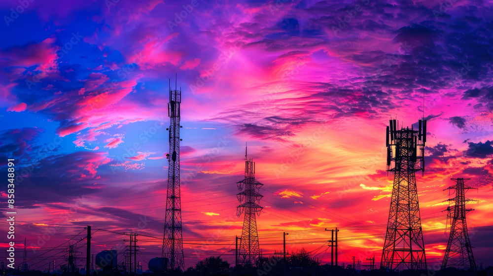 Radio towers stand tall against a vibrant sunset, their silhouettes forming a striking contrast against the colorful sky. Radio towers stand tall against a vibrant sunset, their silhouettes forming a striking contrast against the colorful sky.