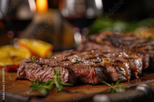 Close-up of a perfectly grilled steak with rosemary garnishing and lemon slices in the background, creating a warm and appetizing ambiance.