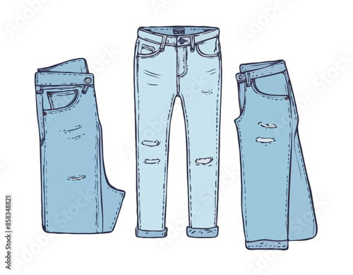 Doodle of jeans. Clip art of denim apparel. Cartoon vector illustration clipart isolated on white