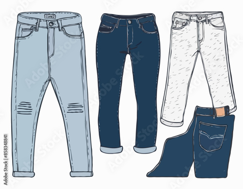Doodle of jeans. Clip art of denim apparel. Cartoon vector illustration clipart isolated on white