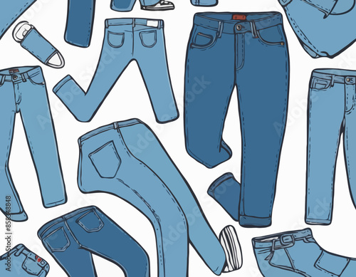 Doodle of jeans. Clip art of denim apparel. Cartoon vector illustration clipart isolated on white