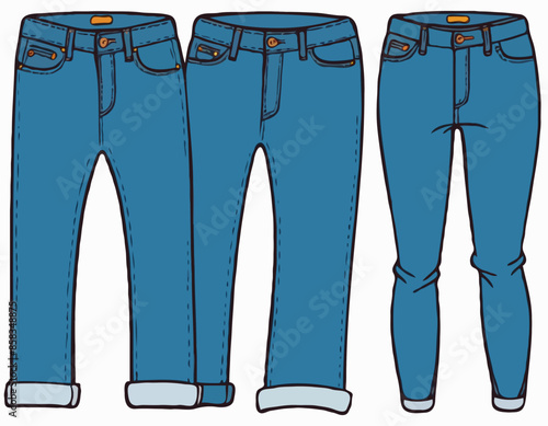 Doodle of jeans. Clip art of denim apparel. Cartoon vector illustration clipart isolated on white