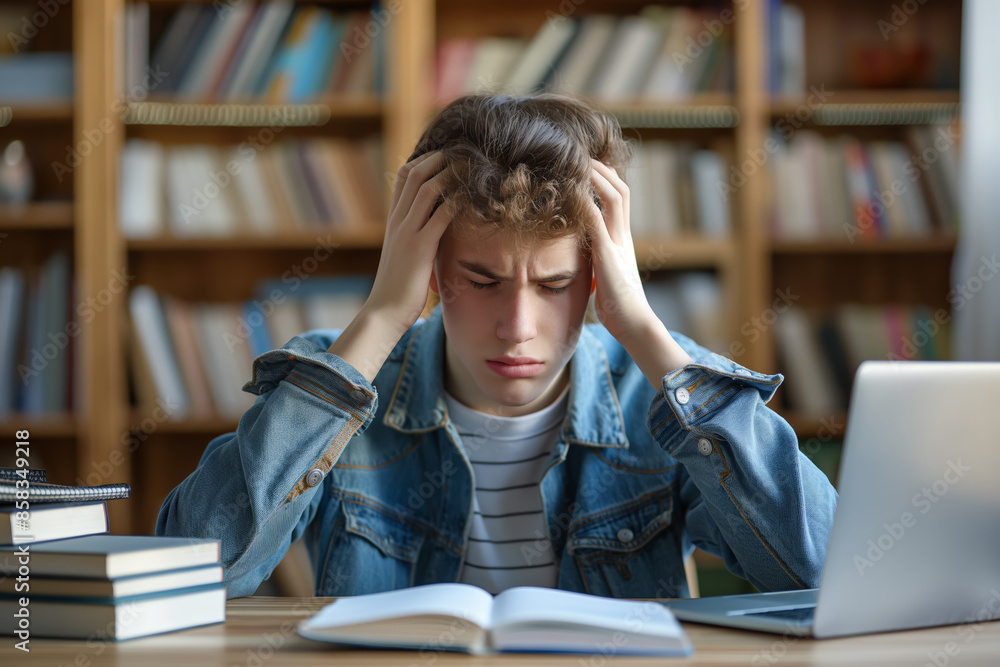 Frustrated student in the library. A detailed depiction of a young man feeling overwhelmed with studies, conveying academic stress. Ideal for education and mental health contexts. Frustrated student in the library. A detailed depiction of a young man feeling overwhelmed with studies, conveying academic stress. Ideal for education and mental health contexts.