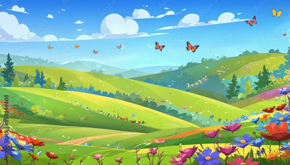 Naklejka premium Bright Day in Whimsical Meadow with Butterflies Vector Art Background Illustration
