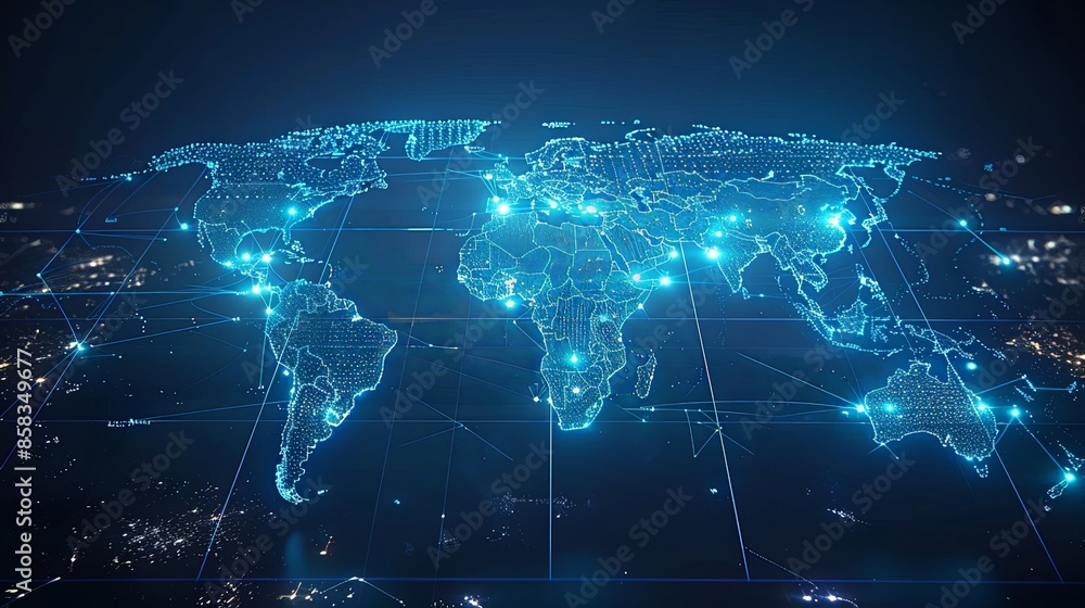 A highly detailed digital world map depicting glowing blue nodes and interconnections, symbolizing global connectivity and technological advancements. A highly detailed digital world map depicting glowing blue nodes and interconnections, symbolizing global connectivity and technological advancements.