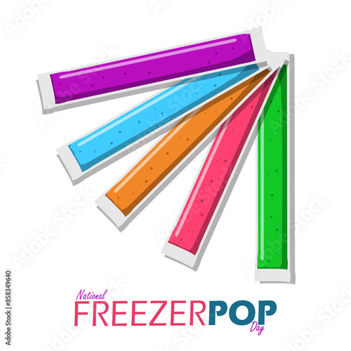 National Freezer Pop Day event food banner. Several different flavored frozen ice pops on a white background to celebrate on July 8th