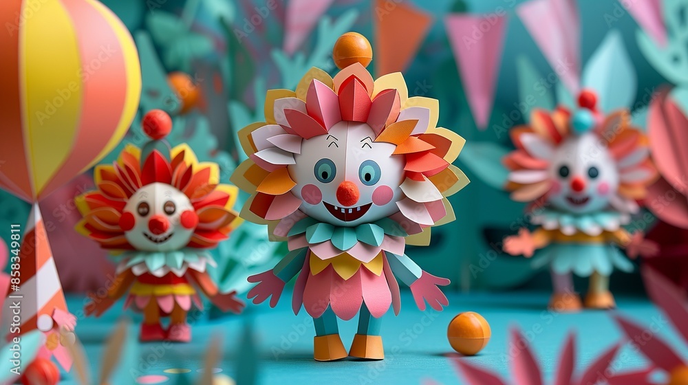 Paper craft circus clowns entertaining the audience with slapstick antics, ideal for circus-themed designs. Illustration, Minimalism, Paper craft circus clowns entertaining the audience with slapstick antics, ideal for circus-themed designs. Illustration, Minimalism,