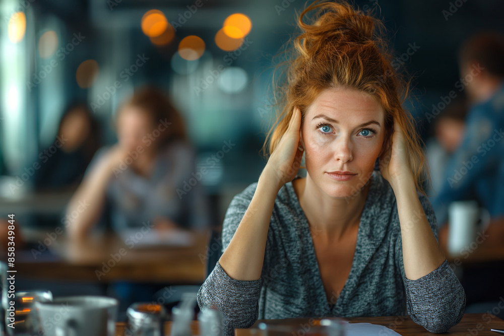 Stressed woman in busy coffee shop. Showing the pressure and overwhelmed feeling, perfect for illustrating stress in professional or everyday scenarios. Ideal for editorial and marketing purposes. Stressed woman in busy coffee shop. Showing the pressure and overwhelmed feeling, perfect for illustrating stress in professional or everyday scenarios. Ideal for editorial and marketing purposes.