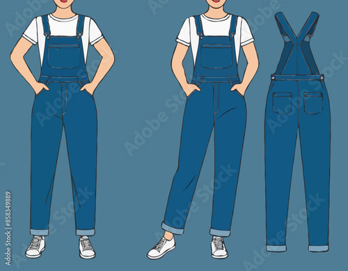 Denim overall jumpsuit vector template illustration