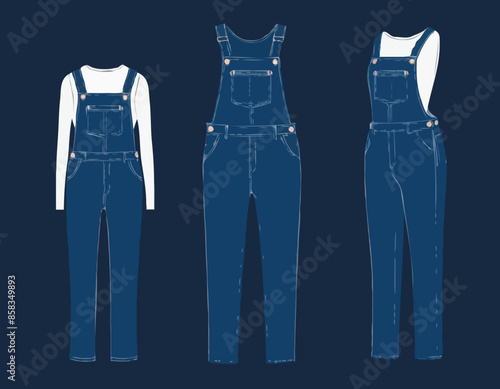 Denim overall jumpsuit vector template illustration