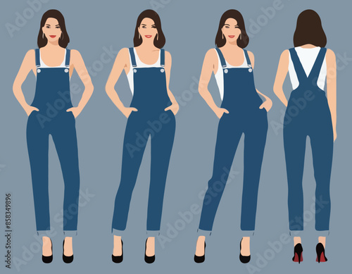 Denim overall jumpsuit vector template illustration
