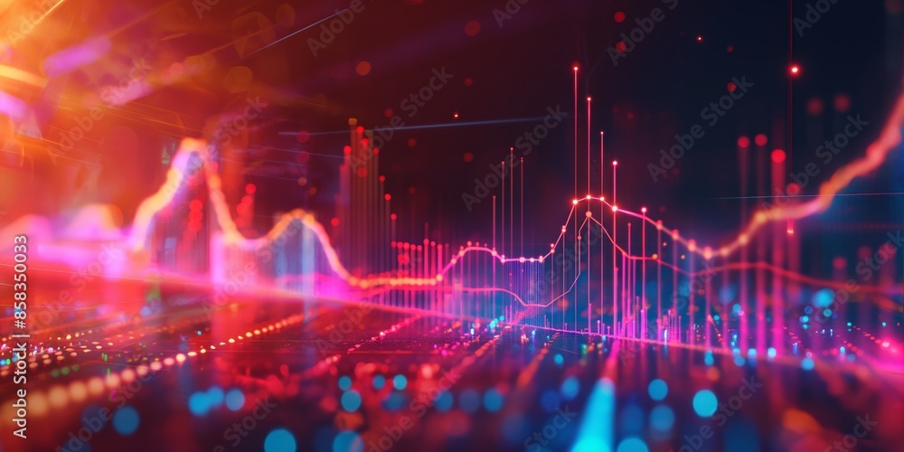 Vibrant financial data representation. Bright, colorful graph depicting stock market fluctuations. Ideal for illustrating financial growth, trends, and data analytics in business reports Vibrant financial data representation. Bright, colorful graph depicting stock market fluctuations. Ideal for illustrating financial growth, trends, and data analytics in business reports