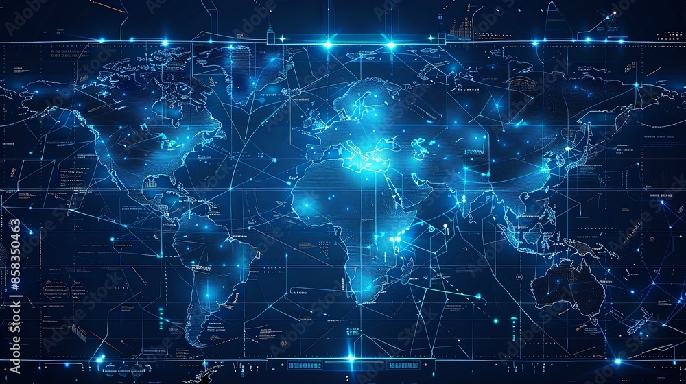 A high-tech world map graphic highlighting illuminated data connections, showcasing the advancement and interconnectedness of global communication and technology.