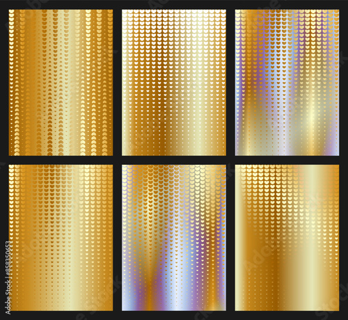Set of bright vertical glowing gold template with holographic metallic effect. Dotted background with hearts. Trendy wallpaper of modern design for flyers, websites, covers, brochures, presentations.