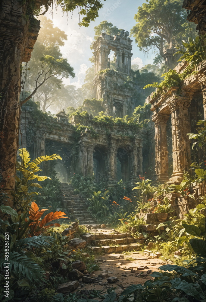 Digital art of ancient ruins covered in overgrown greenery. Stone ...