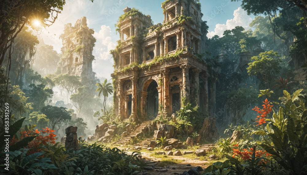 Digital art of ancient ruins covered in overgrown greenery. Stone ...