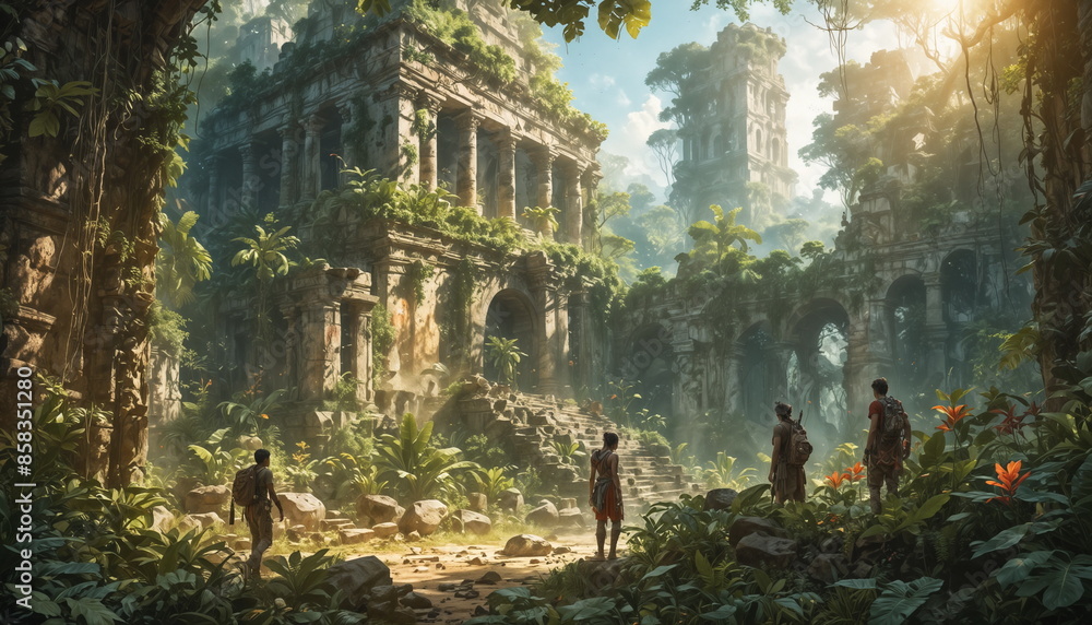 Digital art of ancient ruins covered in overgrown greenery. Stone ...