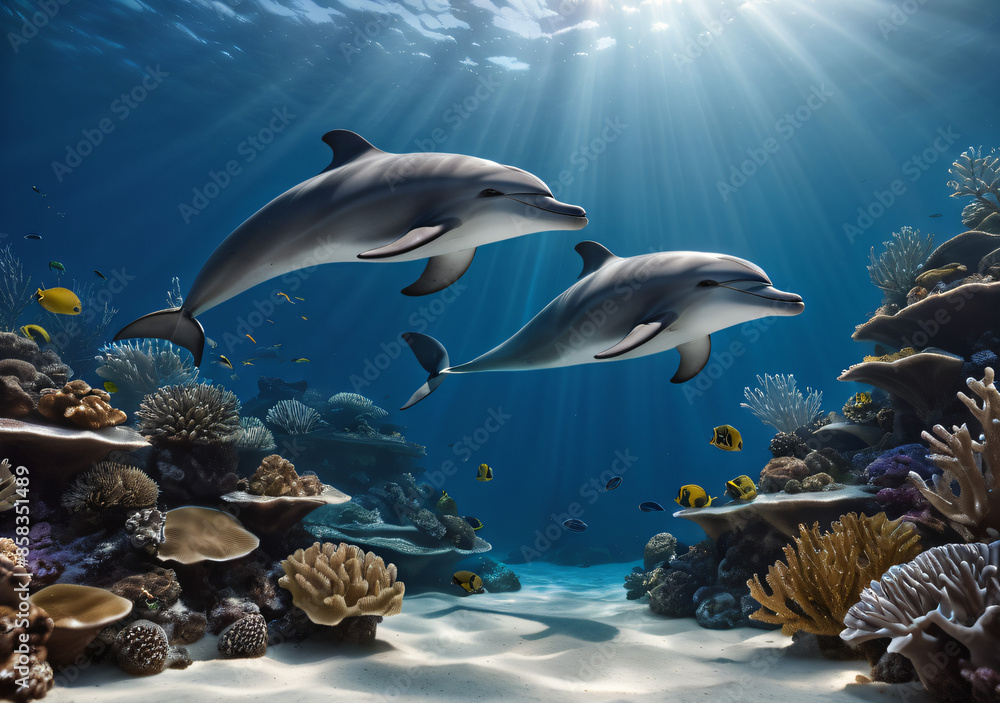 two dolphins swimming around the coral reef, with fish and sea plants in the background, showing an under water view. Generative AI. two dolphins swimming around the coral reef, with fish and sea plants in the background, showing an under water view. Generative AI.