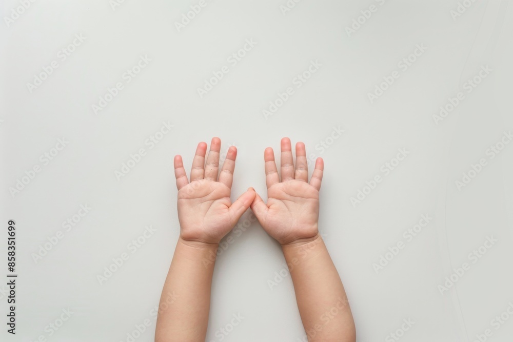 Two small baby hands reaching up against a white background ...