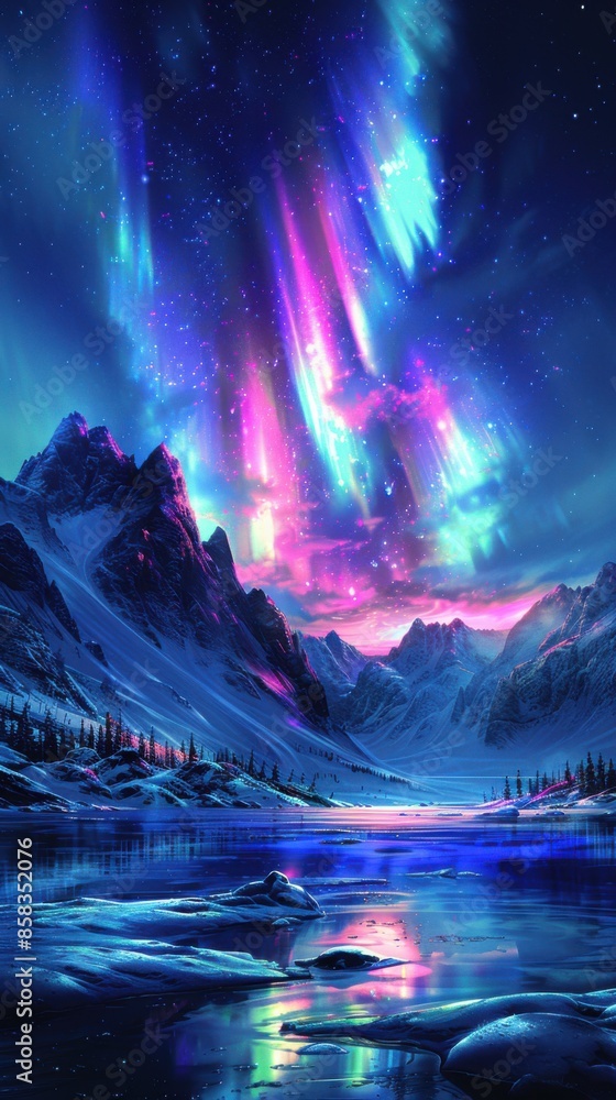 Starry night sky over a mountain lake with aurora lights, Nature background