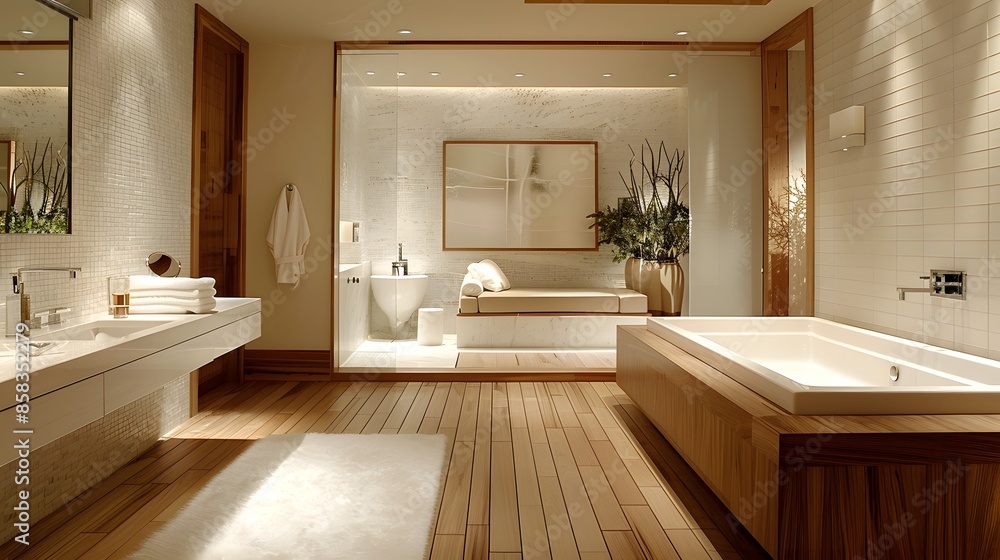 Elegant and modern bathroom interior with warm lighting and wooden accents. Elegant and modern bathroom interior with warm lighting and wooden accents.
