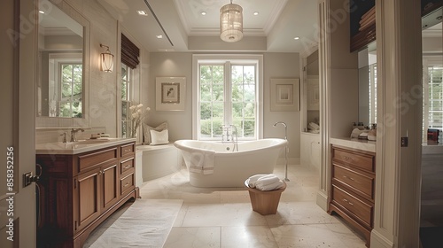 Elegant and spacious bathroom interior with a freestanding bathtub and natural light filtering through large windows, creating a luxurious and serene atmosphere.