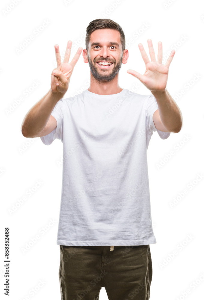 Young handsome man over isolated background showing and pointing up with fingers number eight while smiling confident and happy. Young handsome man over isolated background showing and pointing up with fingers number eight while smiling confident and happy.