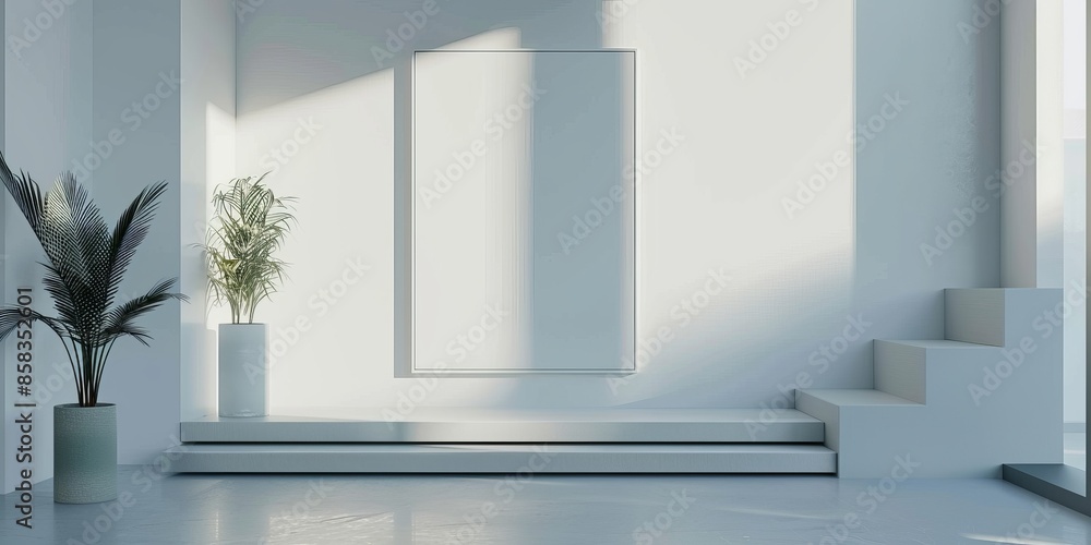 The photo shows a white room with a large window and a plant in the corner. There is a white podium in the center of the room. The photo shows a white room with a large window and a plant in the corner. There is a white podium in the center of the room.