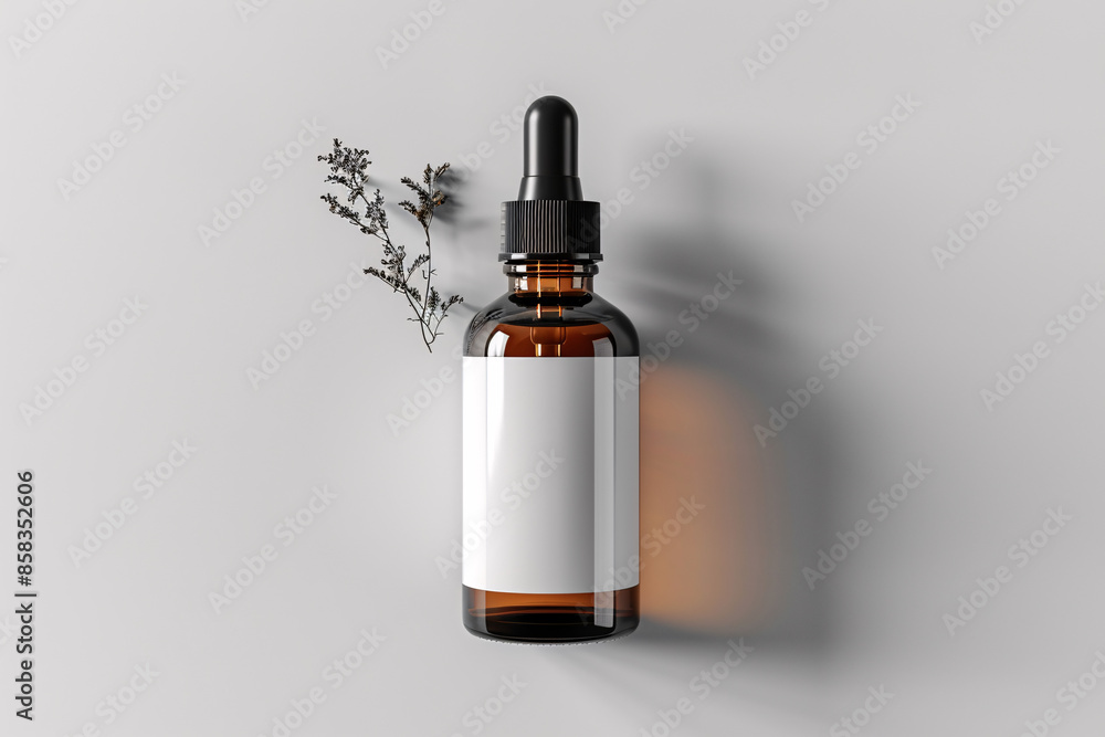 A minimalist skincare product displayed in an amber dropper bottle with a blank white label, complemented by a sprig of dried herbs on a white background A minimalist skincare product displayed in an amber dropper bottle with a blank white label, complemented by a sprig of dried herbs on a white background