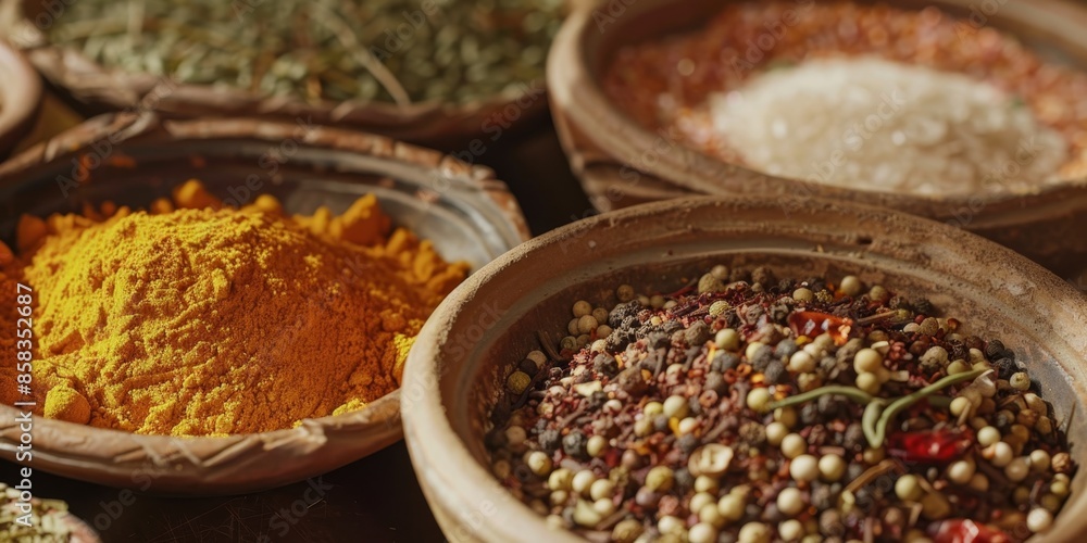 Various spices in wooden bowls. Various spices in wooden bowls.