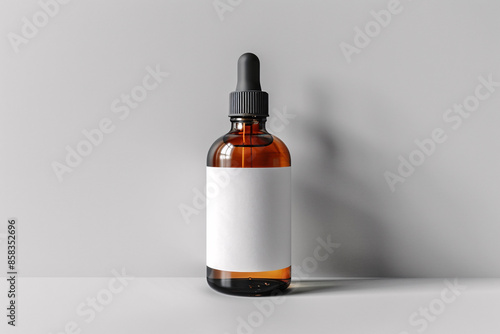 A minimalist skincare product in an amber dropper bottle with a blank white label, set against a clean, white background