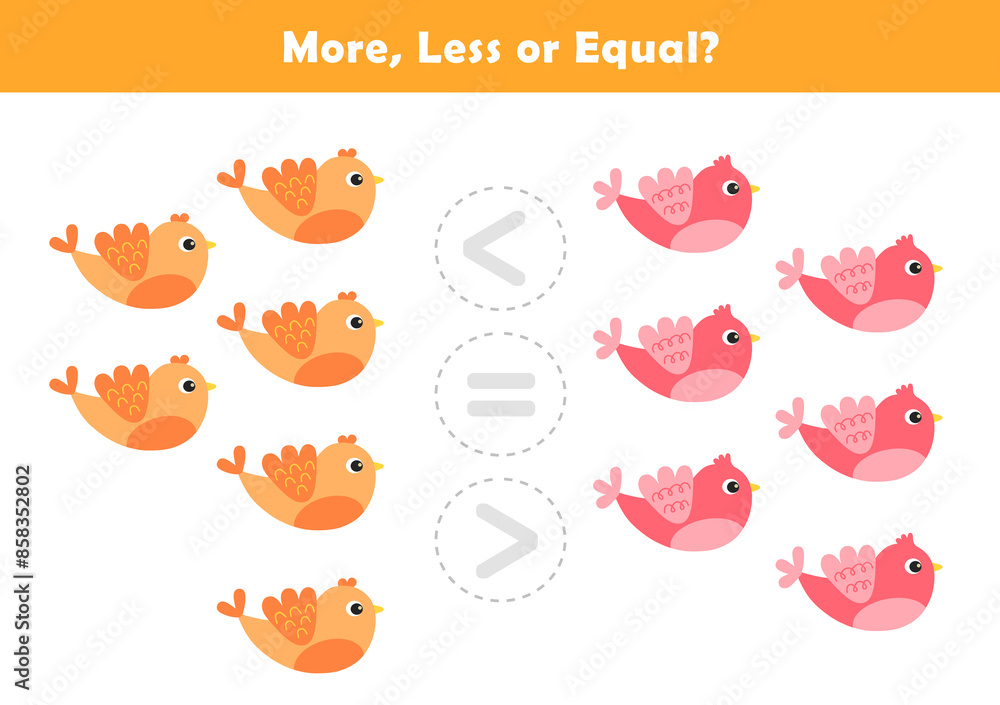Comparison Worksheet with Cute Cartoon Bird for Kids. Counting Games for Preschoolers. More or Less Worksheet for Kindergarten. Comparison Worksheet with Cute Cartoon Bird for Kids. Counting Games for Preschoolers. More or Less Worksheet for Kindergarten.