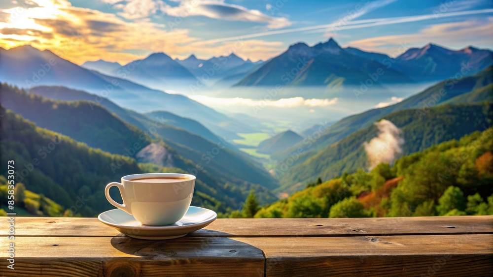 Coffee cup with panoramic mountain view in the background, coffee, cup, mountain, view, landscape, scenic, nature