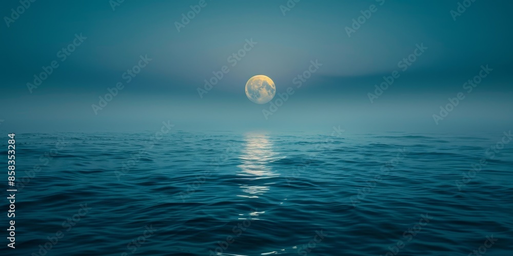 The full moon rises over a dark ocean. The full moon rises over a dark ocean.