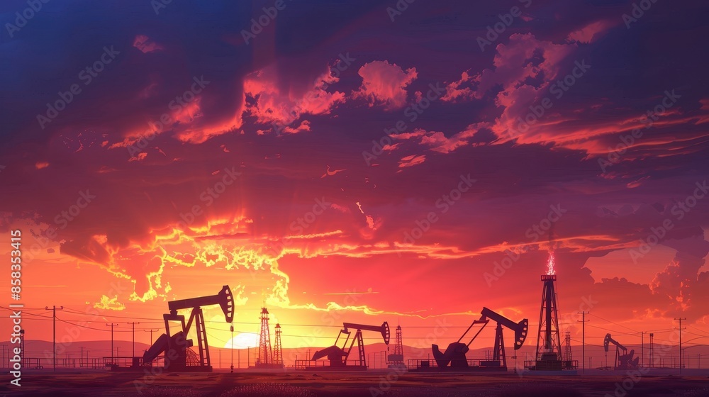 An oil field with pumpjacks silhouetted - A dramatic sunrise background An oil field with pumpjacks silhouetted - A dramatic sunrise background