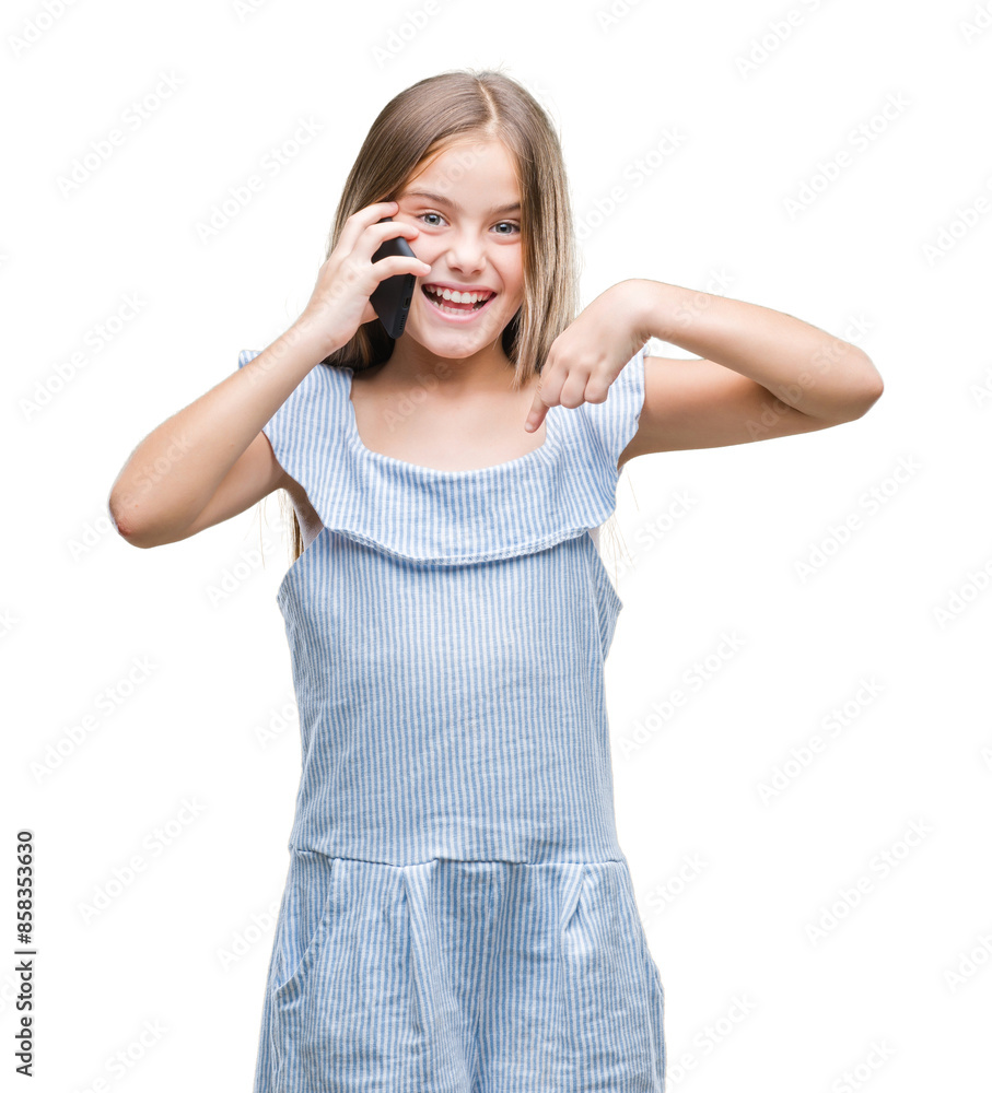 Young beautiful girl talking on the phone over isolated background with surprise face pointing finger to himself Young beautiful girl talking on the phone over isolated background with surprise face pointing finger to himself