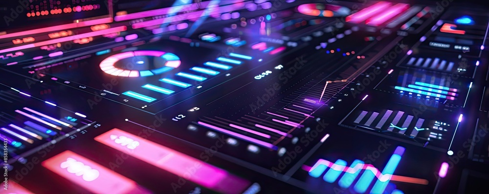 Futuristic digital dashboard with vibrant neon lights and data visualizations, showcasing technology and innovation in a modern interface design. Futuristic digital dashboard with vibrant neon lights and data visualizations, showcasing technology and innovation in a modern interface design.