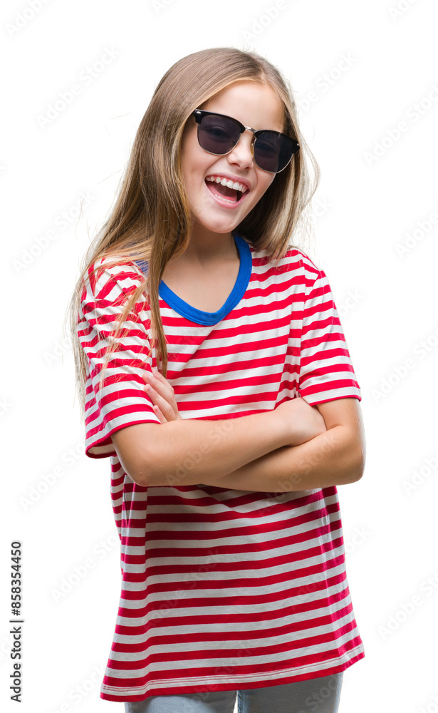 Young beautiful girl wearing sunglasses over isolated background happy face smiling with crossed arms looking at the camera. Positive person. Young beautiful girl wearing sunglasses over isolated background happy face smiling with crossed arms looking at the camera. Positive person.
