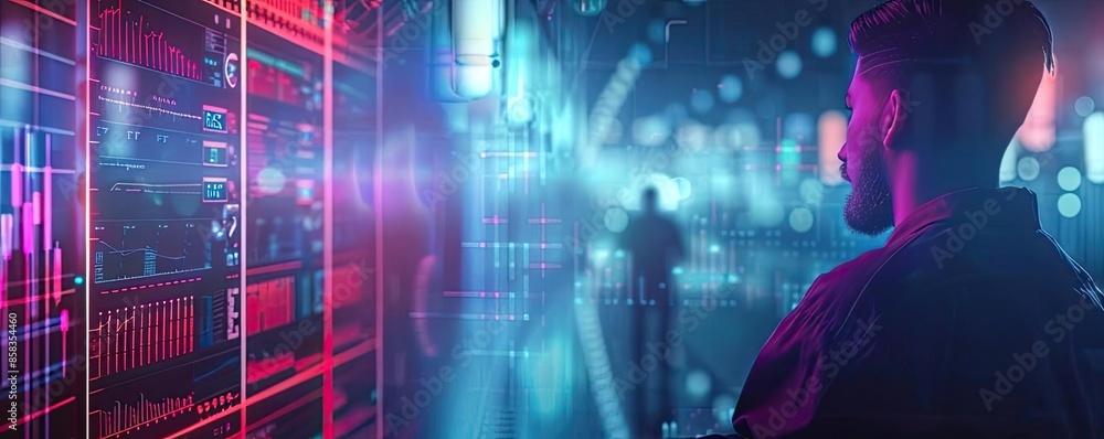 Man analyzing financial data on futuristic screen in a neon-lit urban environment, depicting modern technology and business trends. Man analyzing financial data on futuristic screen in a neon-lit urban environment, depicting modern technology and business trends.