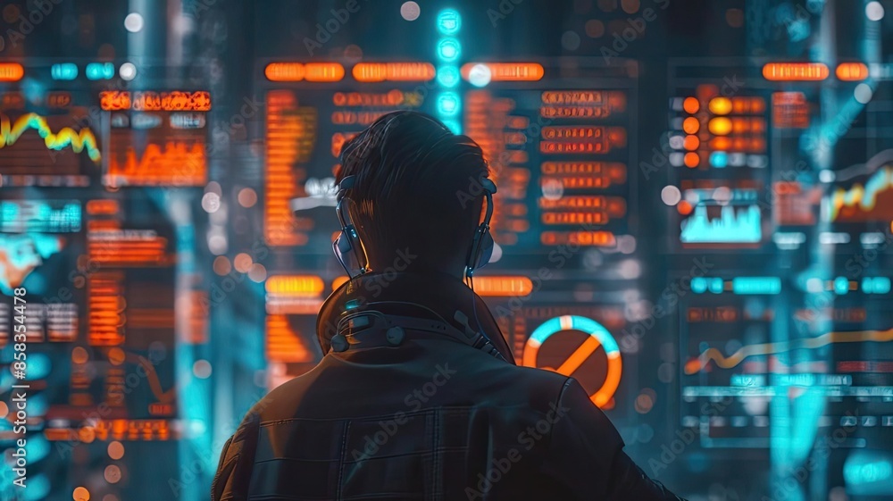 Person in dark room analyzes data on multiple monitors filled with graphs, codes, and charts, highlighting technology and data science. Person in dark room analyzes data on multiple monitors filled with graphs, codes, and charts, highlighting technology and data science.