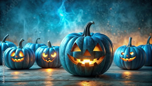 Eerie blue pumpkins with glowing faces against a muted background, Halloween, pumpkins, eerie, blue, scary, faces