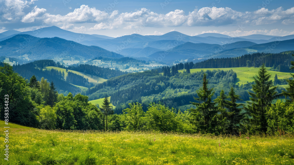 Stunning mountain views with lush green trees and meadows. Picture-perfect summer scenery in Sadecki Beskids, Poland. Stunning mountain views with lush green trees and meadows. Picture-perfect summer scenery in Sadecki Beskids, Poland.