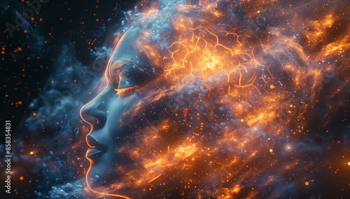An art piece with an abstract face in a fiery space explosion, blending fantasy and cosmos