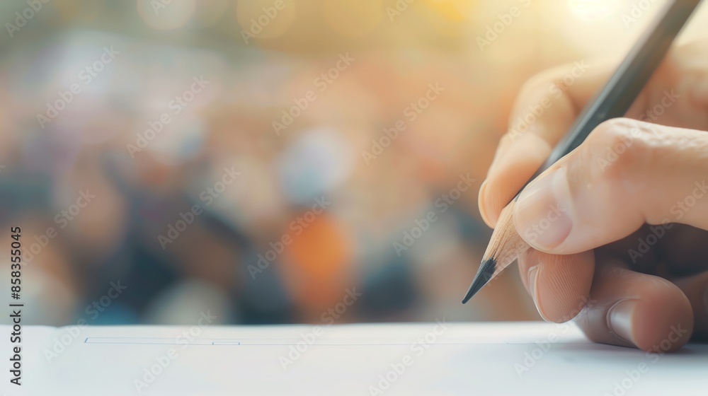 Close-up of a hand writing with a pencil on a white surface, background blurred, gentle sunlight creating a warm atmosphere. Close-up of a hand writing with a pencil on a white surface, background blurred, gentle sunlight creating a warm atmosphere.